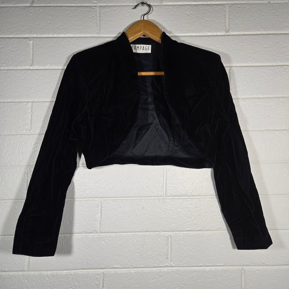 Vtg Rampage Velvet Bolero Shrug Jacket 9 Small‎ Black Cropped 90s USA Glam Prom